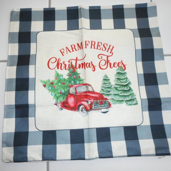 New FARM FRESH Christmas Trees Red Truck Pillow Cover Plaid - Picture 1 of 9